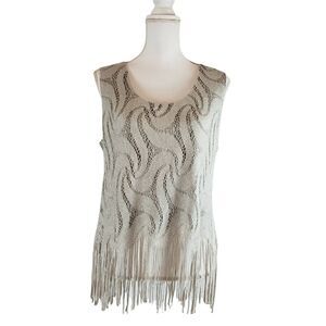 Vtg Damianou Womens SIZE L Silver Metallic Sleeveless Fringe Top USA Flapper